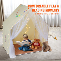Beige yurt-style kids play tent with fairy lights, mat, and a child reading inside.