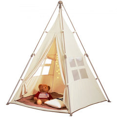Beige teepee play tent for kids with mat, featuring windows and a teddy bear inside.