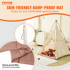 Beige Bostome teepee play tent for kids with damp-proof mat, shown set up in a room.