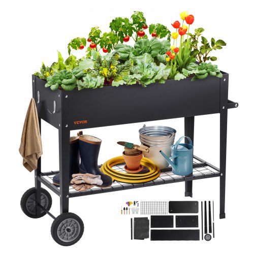 Black galvanized metal raised garden bed with sturdy legs and wheels for mobility.