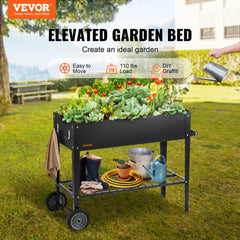 Black galvanized metal elevated raised garden bed with wheels and drainage holes.