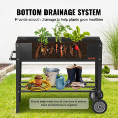 Black galvanized metal raised garden bed with wheels and ample planting space.