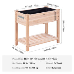 Elevated fir wood raised garden bed planter box, 33.9 inches wide with two tiers and tool hooks.