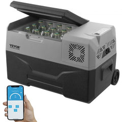 Bostome 30L portable car refrigerator freezer with compressor, LED screen, and Bluetooth control.