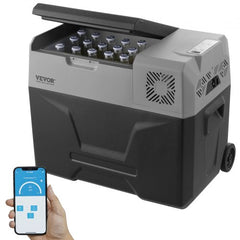 Bostome 40L portable compressor car refrigerator freezer with open lid showing bottles inside, wheels, and app control on phone.