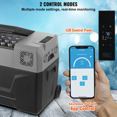Bostome 40L portable car fridge with LED panel, Bluetooth app control, and wheels for mobility.