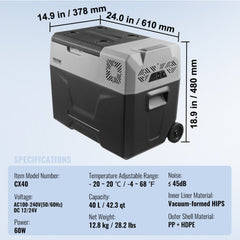 Bostome 40L portable compressor car refrigerator freezer with single zone, wheels, and dimensions shown.