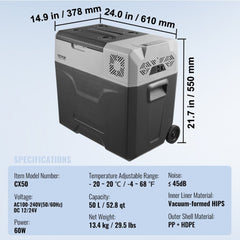 50L portable compressor car refrigerator freezer with single zone, gray exterior, wheels, and handle.