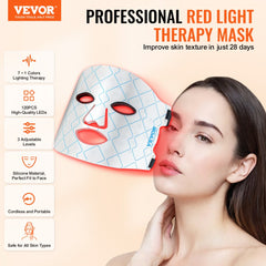 Bostome 7-color LED red light therapy face mask with 850nm NIR, worn by a woman.