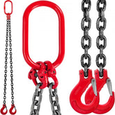 Bostome 3/8" x 5ft Grade 80 double-leg chain sling with red hooks and black chains.