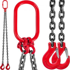 Bostome 3/8" x 5ft Grade 80 double-leg chain sling with red hooks and black chains.