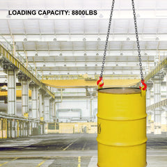Double-leg chain sling with yellow drum suspended by hooks in industrial warehouse, 8800 lbs capacity.