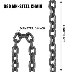 A 3/8-inch diameter G80 manganese steel double-leg chain sling, 5 feet long.