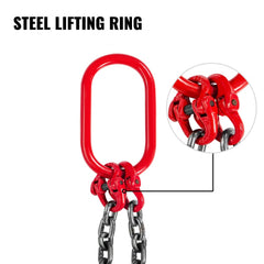 Red powder-coated steel double-leg lifting ring with chains and hooks.