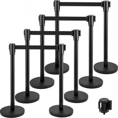 Set of 8 black stainless steel stanchions with 6.6 ft retractable belts and round bases.