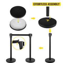 Diagram showing assembly of black stainless steel stanchions with 6.6 ft retractable belts and weighted bases.