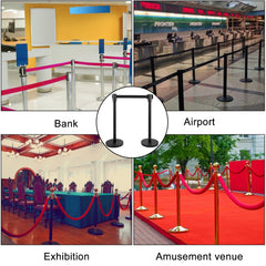 8-piece stainless steel crowd control stanchion set with 6.6 ft black retractable belts shown in bank, airport, exhibition, and amusement venue settings.