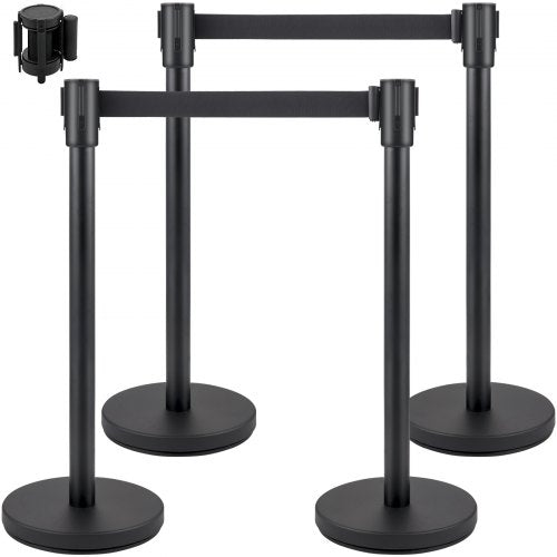 Four black belt stanchions with round bases for crowd control and flexible barrier setup.