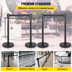 Four stainless steel stanchions with 6.6 ft black retractable belts for crowd control.