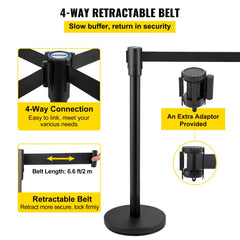 Black stainless steel stanchion with 4-way retractable 6.6 ft black belts and stable base.