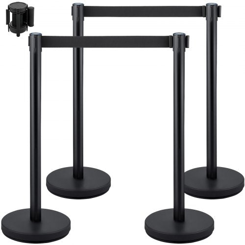 Black retractable belt stanchion set with durable stainless steel and heavy-duty bases.