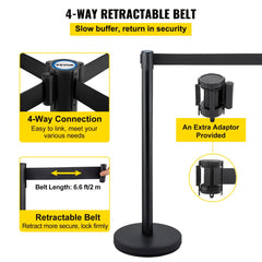 Black crowd control stanchion set with retractable belts and heavy-duty bases for stability.