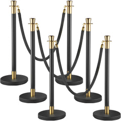 Black velvet rope stanchion set with six stainless steel poles for crowd control.