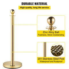 Gold stainless steel stanchion post with round top and sturdy base for crowd control barriers