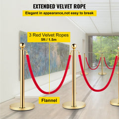 Four gold stanchion posts with red velvet ropes, each rope 5 feet long.
