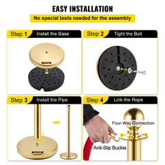 Infographic showing easy tool-free assembly steps for gold stanchion posts with red ropes.
