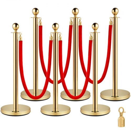 Gold stanchion post with red rope, 37.4 inches tall, sturdy base for crowd control.