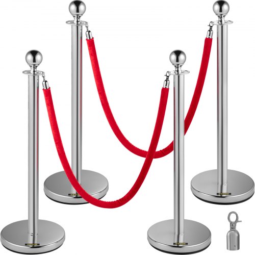 Four silver stainless steel stanchions with red velvet ropes and weighted bases.