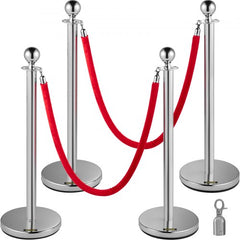 Four silver stainless steel stanchions with red velvet ropes and weighted bases.