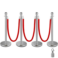 Silver crowd control stanchions with red velvet ropes, ideal for organizing events.