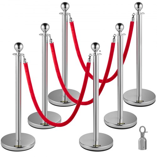 Six silver stainless steel stanchions with red velvet ropes, each 38 inches tall.