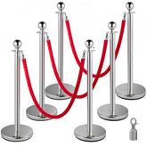 Six silver stainless steel stanchions with red velvet ropes, each 38 inches tall.