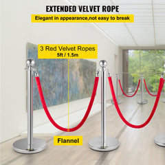 Six silver stainless steel stanchions with red velvet ropes, each 38 inches tall.