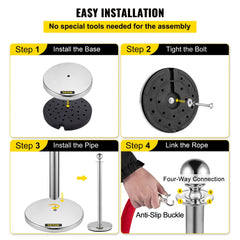 Four-step diagram showing easy tool-free assembly of silver stanchions with bases, pipes, and red ropes.
