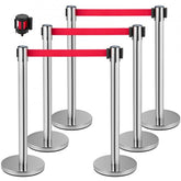 Set of six stainless steel stanchions with red 6.6ft retractable belts and weighted bases.