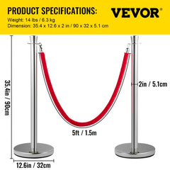 Silver crowd control stanchions with red velvet rope, showing dimensions and setup.