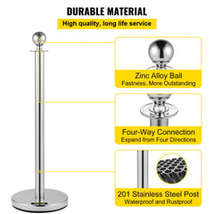 Silver stainless steel stanchion with zinc alloy ball top and black velvet rope for crowd control.