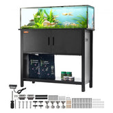 Black steel and MDF aquarium stand with three tiers for 40-gallon fish tank storage.