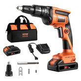 Orange 20V cordless brushless drywall screw gun kit with batteries, charger, case, and bits.