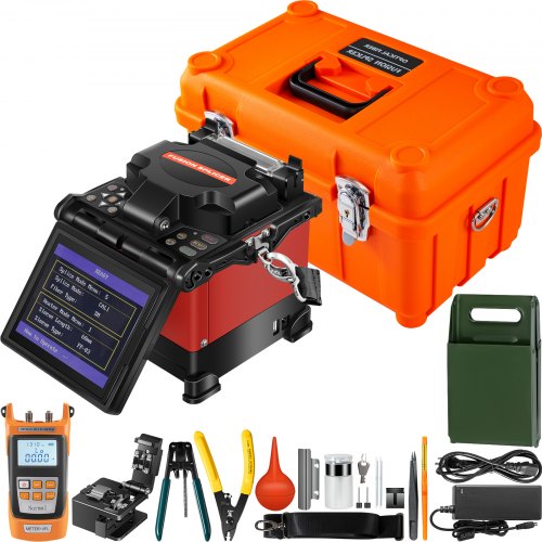 Bostome A-80S automatic focus fiber fusion splicer kit with 5-inch LCD and accessories in orange case.