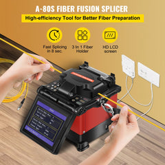 Bostome A-80S fiber fusion splicer kit with 5-inch LCD screen and hands holding fiber optic cables.