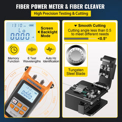 Orange fiber fusion splicer kit with 5-inch LCD screen, fiber cleaver, and accessories on white background.