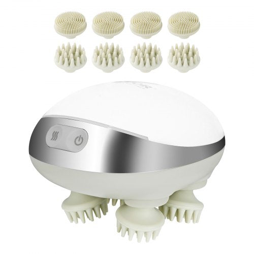 White electric scalp massager with heat, waterproof design, and soft silicone massage heads.