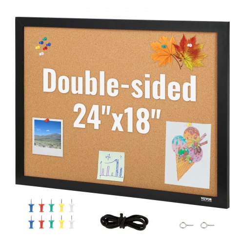 Double-sided cork bulletin board with a sleek black MDF frame, measuring 24x18 inches.