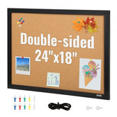 Double-sided cork bulletin board with a sleek black MDF frame, measuring 24x18 inches.
