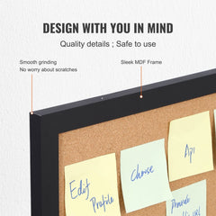 Double-sided cork bulletin board with a sleek black MDF frame, measuring 24x18 inches.